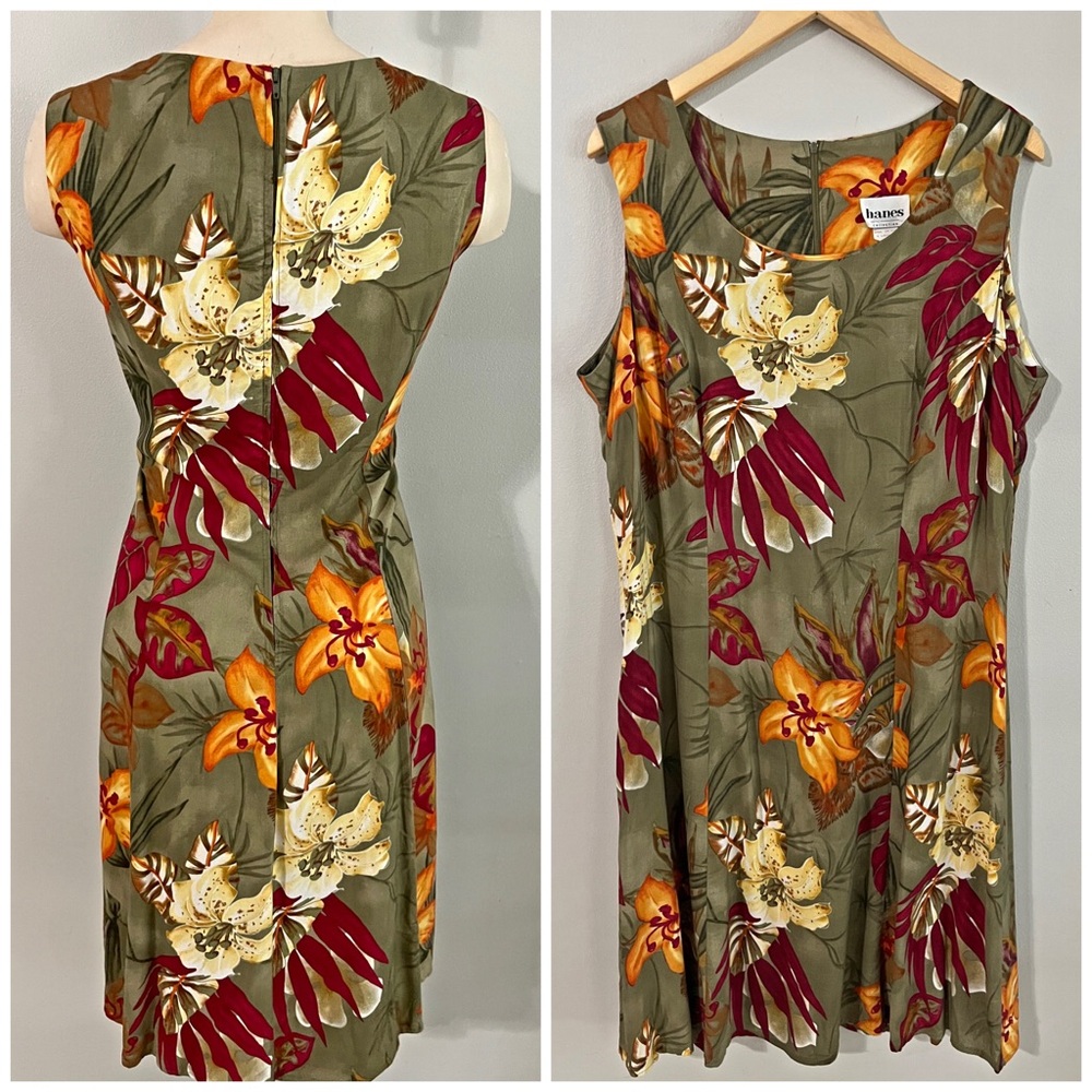 Vintage Hanes Collection Floral Rayon Dress Made in USA Olive Tropical XL 90s